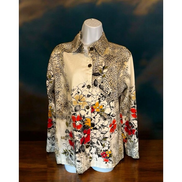 Chico's Floral Animal Print Long Sleeve Collared Button Down Top Shirt L (2) - Picture 1 of 7